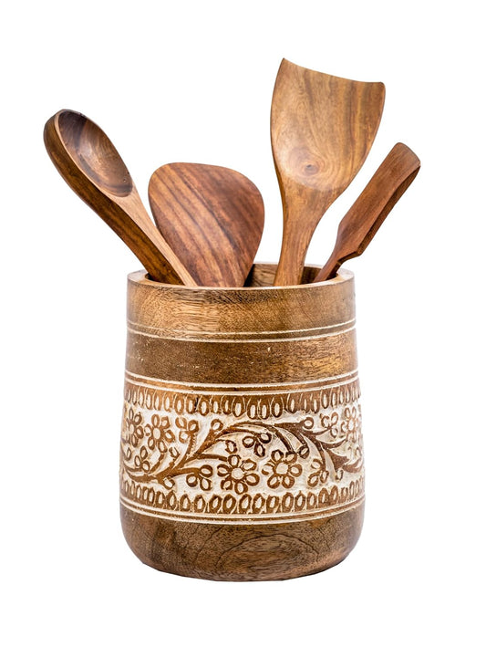 Mie Creations Farmhouse 7'' Large Wooden Utensil Holder, White Floral | Natural Mango Wood, Handcrafted Design, Cooking Spatula Organizer for Kitchen Counter, Holds 15 Utensils, Christmas Decor