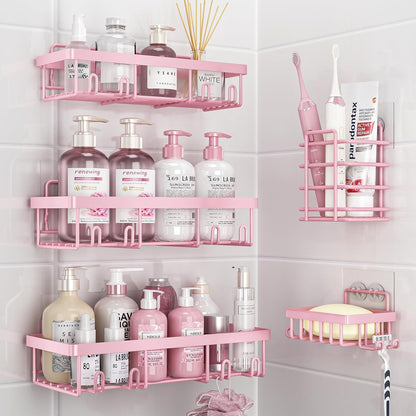 5 Pack Shower Caddy for Inside Shower, Pink Bathroom Decor Set | Large Rustproof Stainless Steel Organizer with Strong Adhesive, No Drilling Wall Shelves, Cute Girly Bathroom Accessories