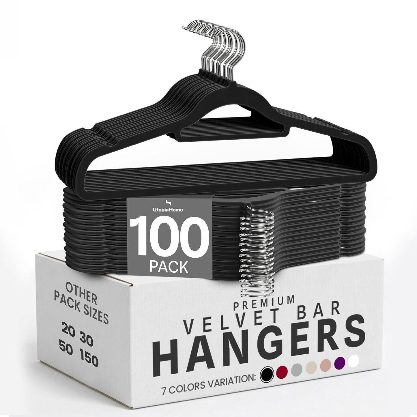 Utopia Home Velvet Hangers 100 Pack – Premium Hangers with Tie Bar - Black | Non-Slip Slim Clothes & Coat Hangers with Tie Bar, Space-Saving Heavy Duty Design, 360° Swivel Hook