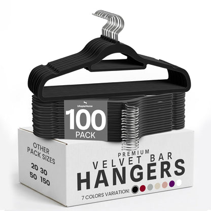 Utopia Home Velvet Hangers 100 Pack – Premium Hangers with Tie Bar - Black | Non-Slip Slim Clothes & Coat Hangers with Tie Bar, Space-Saving Heavy Duty Design, 360° Swivel Hook