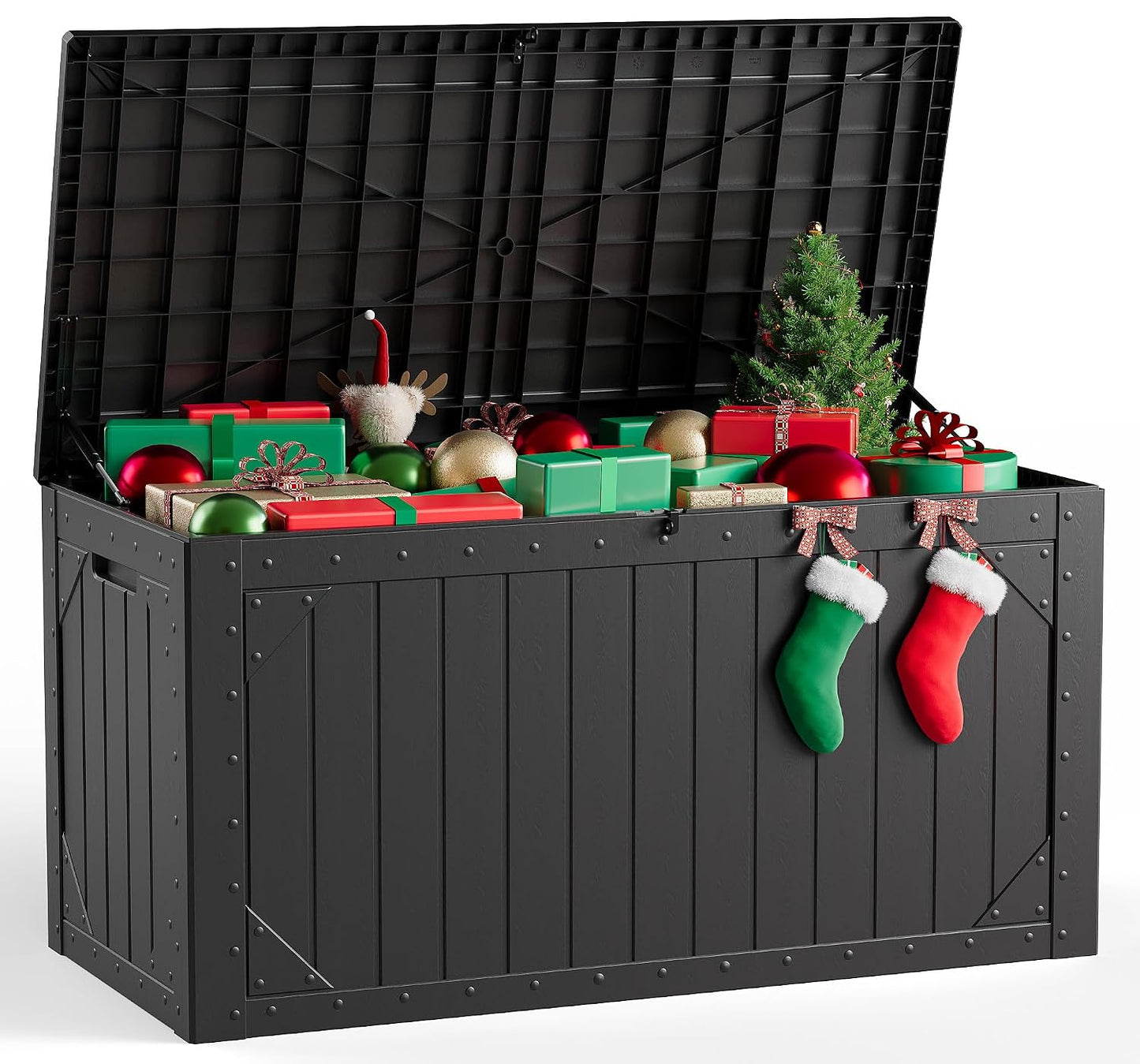 Outdoor Storage Box, 98 Gallon Deck Box, Outdoor Storage Bench, Waterproof Resin Storage Bench with Lockable Lid, Patio Furniture Cushions & Garden Tools Storage, UV Resistant (Black)