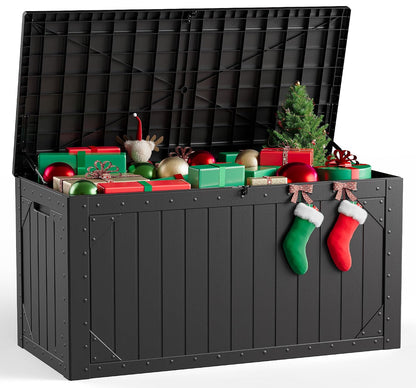 Outdoor Storage Box, 98 Gallon Deck Box, Outdoor Storage Bench, Waterproof Resin Storage Bench with Lockable Lid, Patio Furniture Cushions & Garden Tools Storage, UV Resistant (Black)