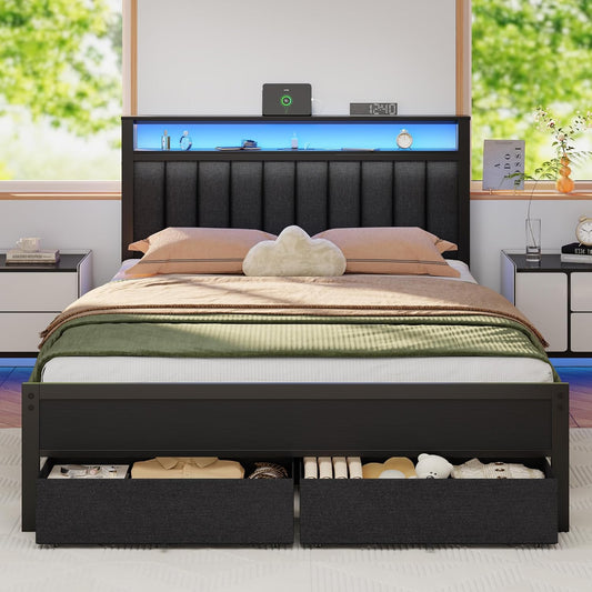 Queen Bed Frame with Storage Drawers and Upholster... (Black Oak)