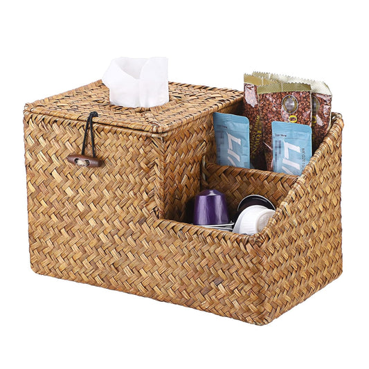 Sumnacon Square Woven Tissue Box Cover - Decorative Cube Tissue Box Holder with Side Organizer, Rustic Seagrass Tissue Box for Living Room Vanity Night Stand Table Countertop Office,Caramel