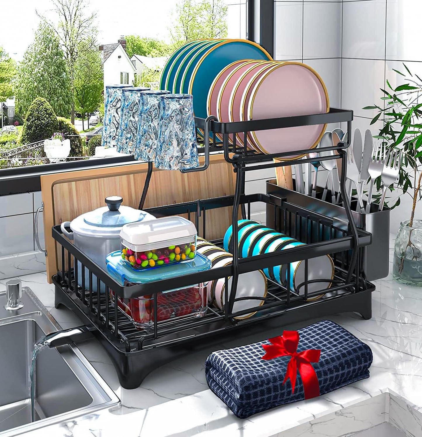2-Tier Dish Drying Rack - Dish Rack with Auto Drain-to-Sink & Mat | Dish Racks for Kitchen Counter, Dish Drainer with Knife Fork & Cup Rack, Gifts for Women, Mothers Day, Kitchen Gadgets, Black