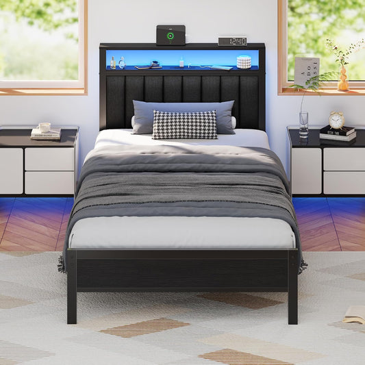 Twin Size Bed Frame with Charging Station and LED... (Black Oak)