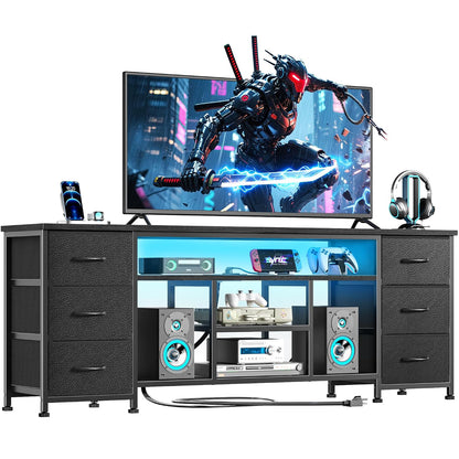 Furologee LED TV Stand for 65, 70 Inch TV, 63 Inch Entertainment Center with Power Outlets, 6 Fabric Drawers Dresser for Bedroom, Media Console with Open Shelves, PU Leather Surface, Black