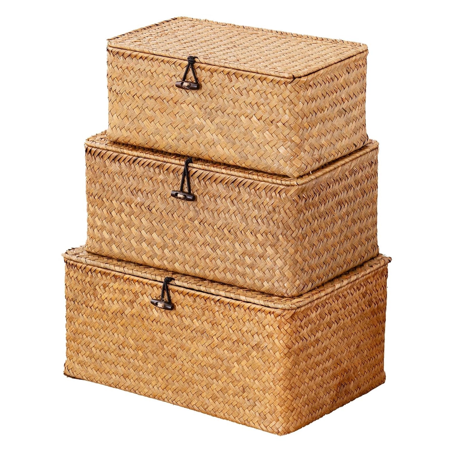 Nonam Storage Basket with Lid, Natural Seagrass Bin with Lid Set of 3, Shelf Baskets Multipurpose Container for Boho Decoration, Rectangular Household Storage Boxes for Home Organization-Natural