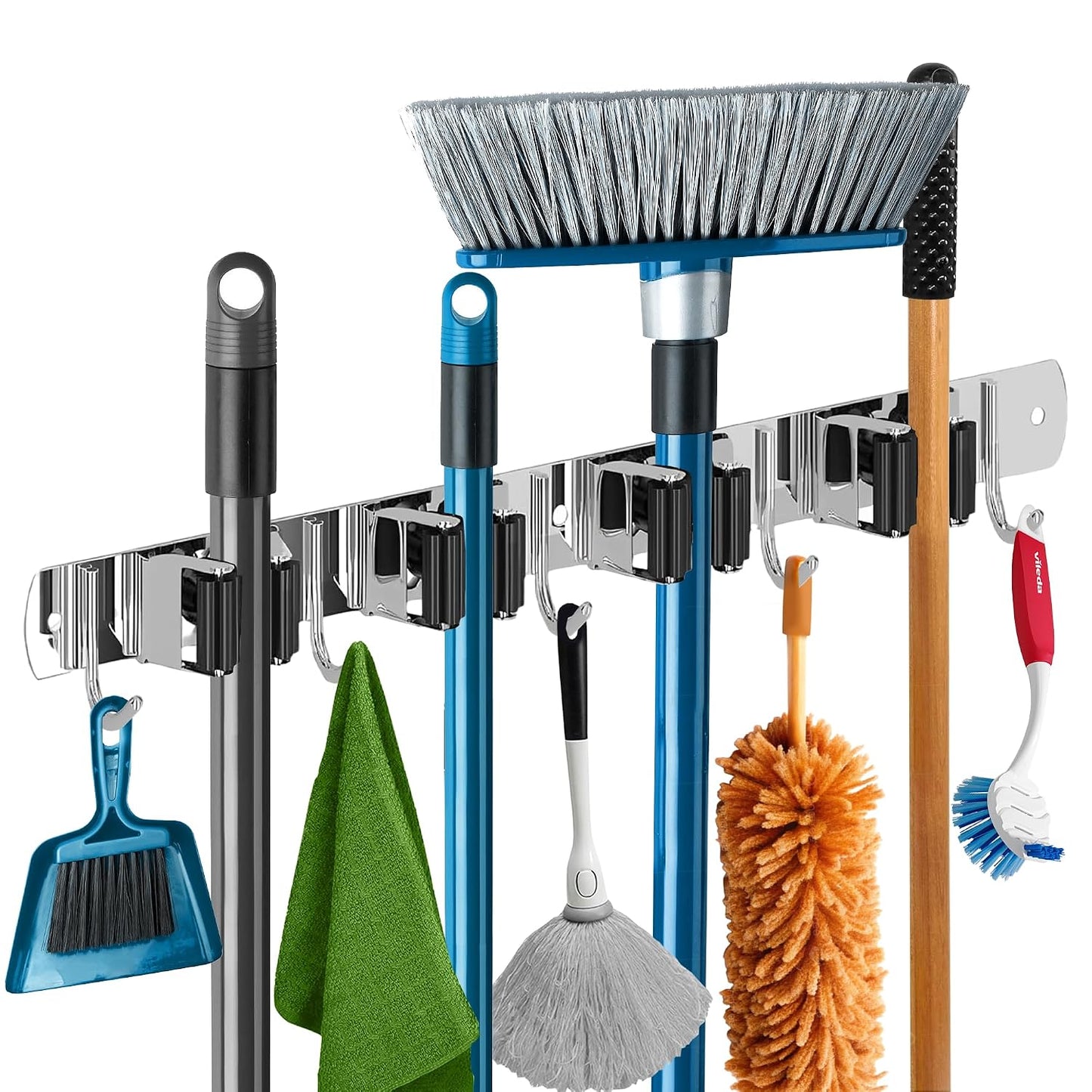 Mop and Broom Holder - Clear Cleaning Clutter and Reclaim Your Space | 5 Racks + 4 Hooks - Rust-Resistant Wall Organizer Holds Cleaning and Garden Tools Securely in Garages and Kitchens