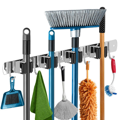 Mop and Broom Holder - Clear Cleaning Clutter and Reclaim Your Space | 5 Racks + 4 Hooks - Rust-Resistant Wall Organizer Holds Cleaning and Garden Tools Securely in Garages and Kitchens