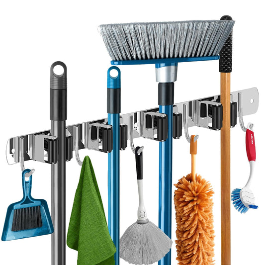 Mop and Broom Holder - Clear Cleaning Clutter and Reclaim Your Space | 5 Racks + 4 Hooks - Rust-Resistant Wall Organizer Holds Cleaning and Garden Tools Securely in Garages and Kitchens