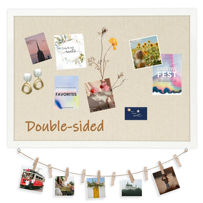 DOLLAR BOSS Double-Sided Bulletin Boards with Linen, 24"x18" Cork Board | Corkboards for Walls, Framed Pin Board, Picture Display Vision Board, For Office Home School, 20 Pushpins 10 Clips