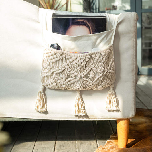 Mkono Macrame Armchair Caddy, Boho Couch Armrest Organizer, 4 Pockets Beige | Sofa Bedside Caddy, Remote Control Magazine Phone Holder, Living Room Bedroom Dorm, Boho Decor, Space-Saving Storage