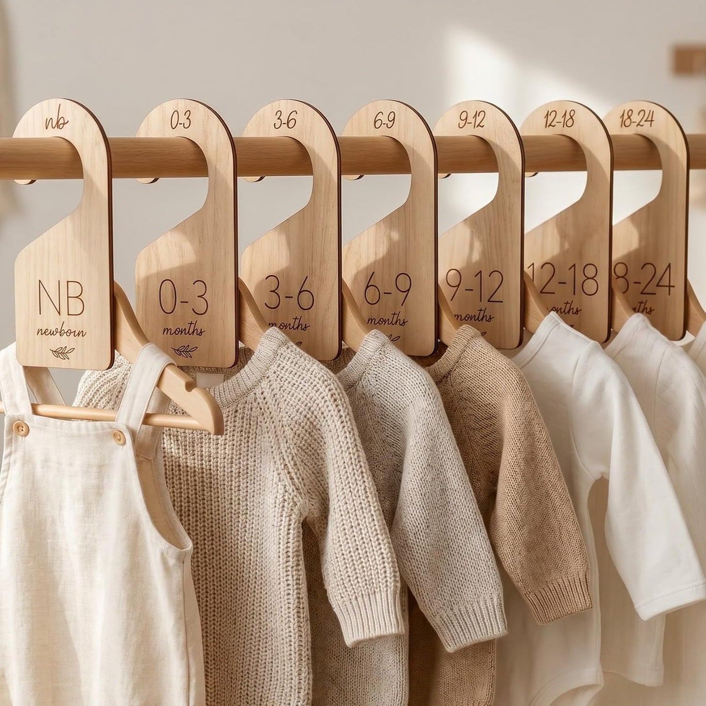 Beautiful Wooden Baby Closet Dividers Set of 7 - Double-Sided Organizer for Newborn to 24 Months Size Clothes - Adorable Nursery Decor Hanger Dividers Easily Organize Your Little Girls or Boys Room