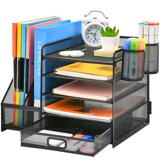 Marbrasse Desk Organizer with File Holder, 5-Tier Paper Letter Tray Organizer with Drawer and 2 Pen Holder, Mesh Desktop Organizer and Storage with Magazine Holder for Office Supplies(Black)