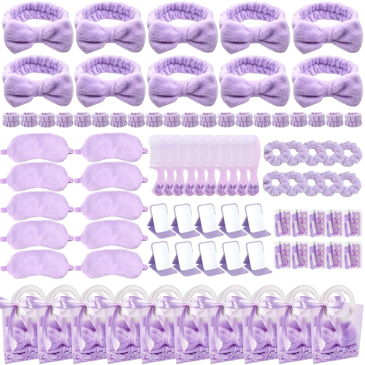 92 Pcs Spa Sleepover Party Supplies for Girls, Include Skincare Headband Set Scrunchie Eye Mask, Mirror Hair, Comb, Nail Care Gift Bags for Spa Slumber Birthday Party Favors Supplies (Purple)