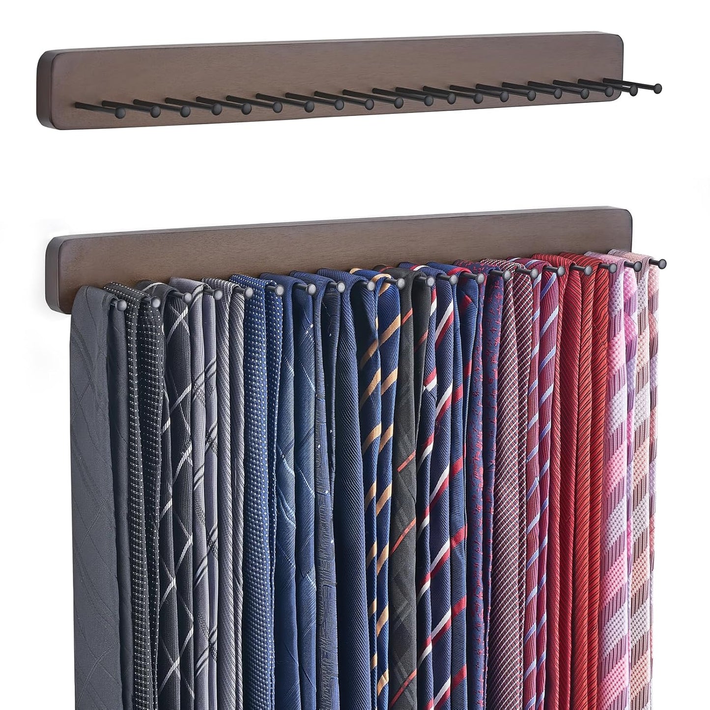 Mkono Tie Organizer, 2 Pack Wall Mounted Tie Rack Hanger Holder 20 Hooks | Save Space, Scratch-Free, Easy Install, Sturdy Wood, Organizer Storage Belts Scarves Necktie Jewelry, Bedroom Door