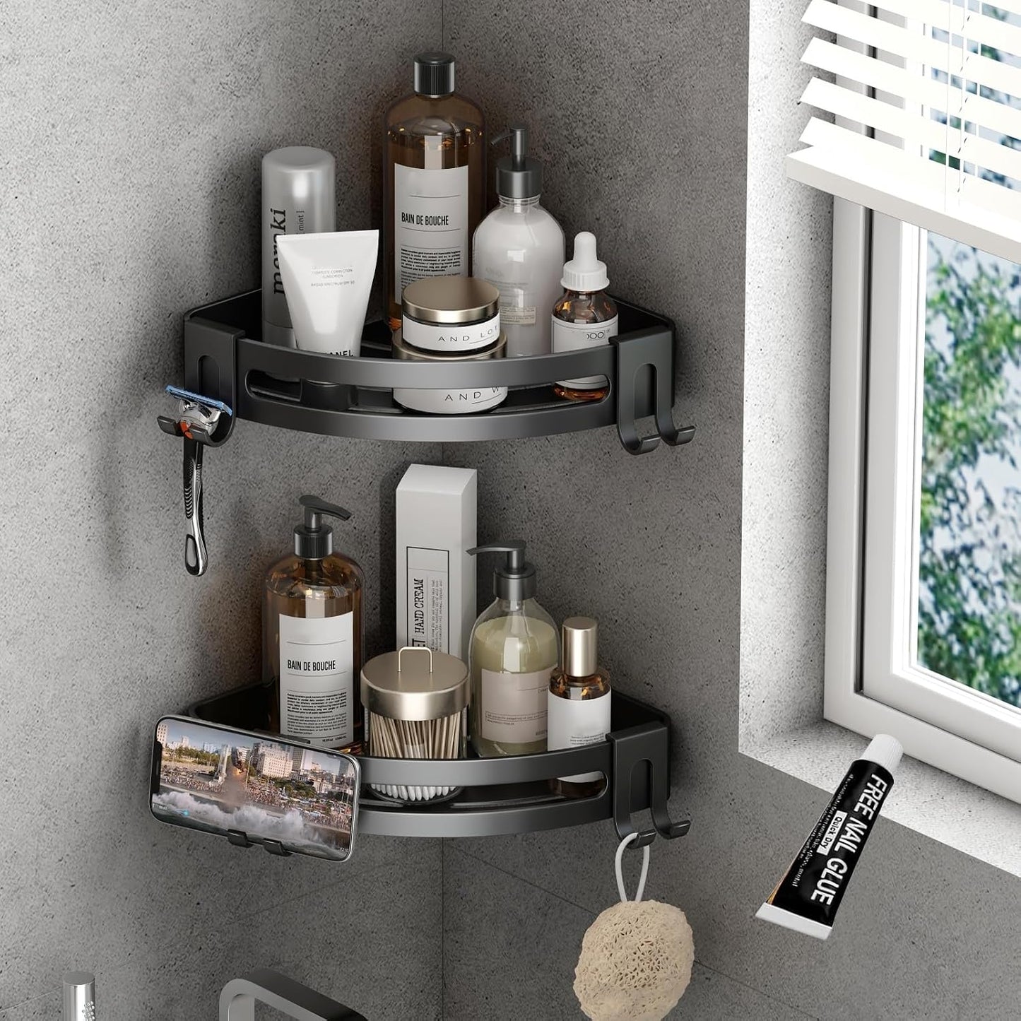 Corner Shower Caddy with Razor Holder Adhesive Shower Shelf Corner No Drilling Bathroom Corner Shower Organizer Storage Rack (2-Pack, Black)