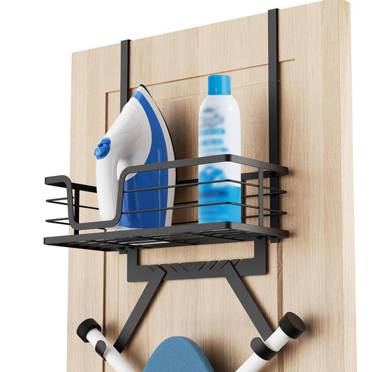 KES Over The Door Ironing Board Holder, Ironing Board Hanger Door Mount with Storage Shelf Y and T Shaped Fits for 1 3/8 Doors Matte Black, HIR501A-BK