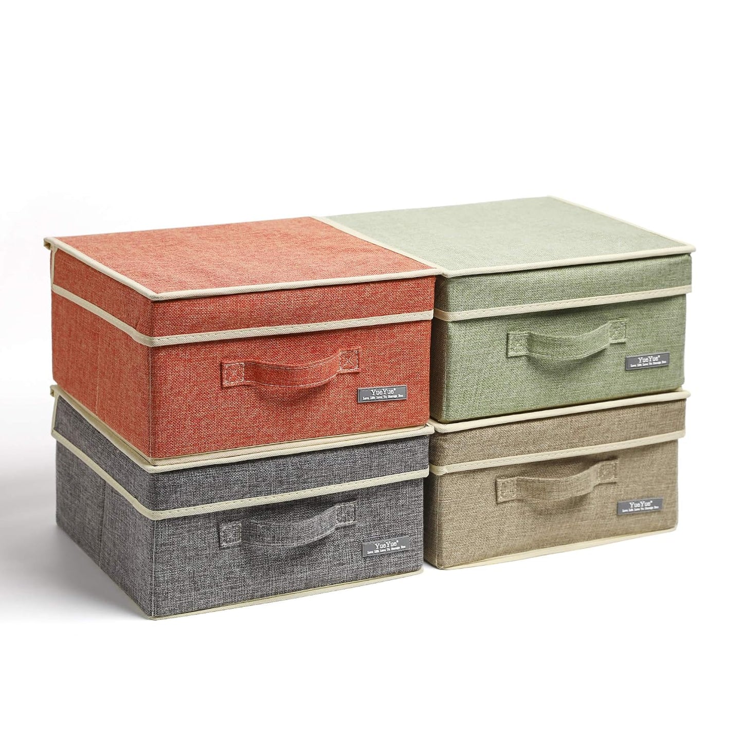 YueYue Fabric Storage Bins with Lids Small 4 Pack, Linen Foldable Storage Box with lids 4 Color Set 12.4in/12in/6.7in