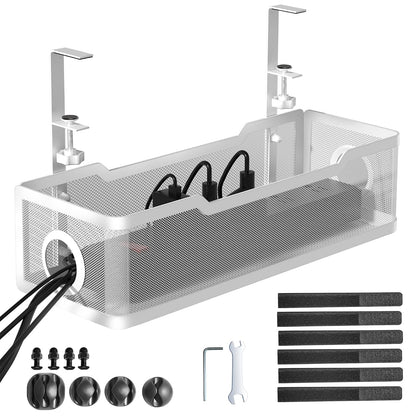 Under Desk Cable Management Tray White, Cinati Wire Organizers No Drill, Cable Tray with Clamp for Wire Management, Cord Organization Box for Office, Home - No Damage to Desk