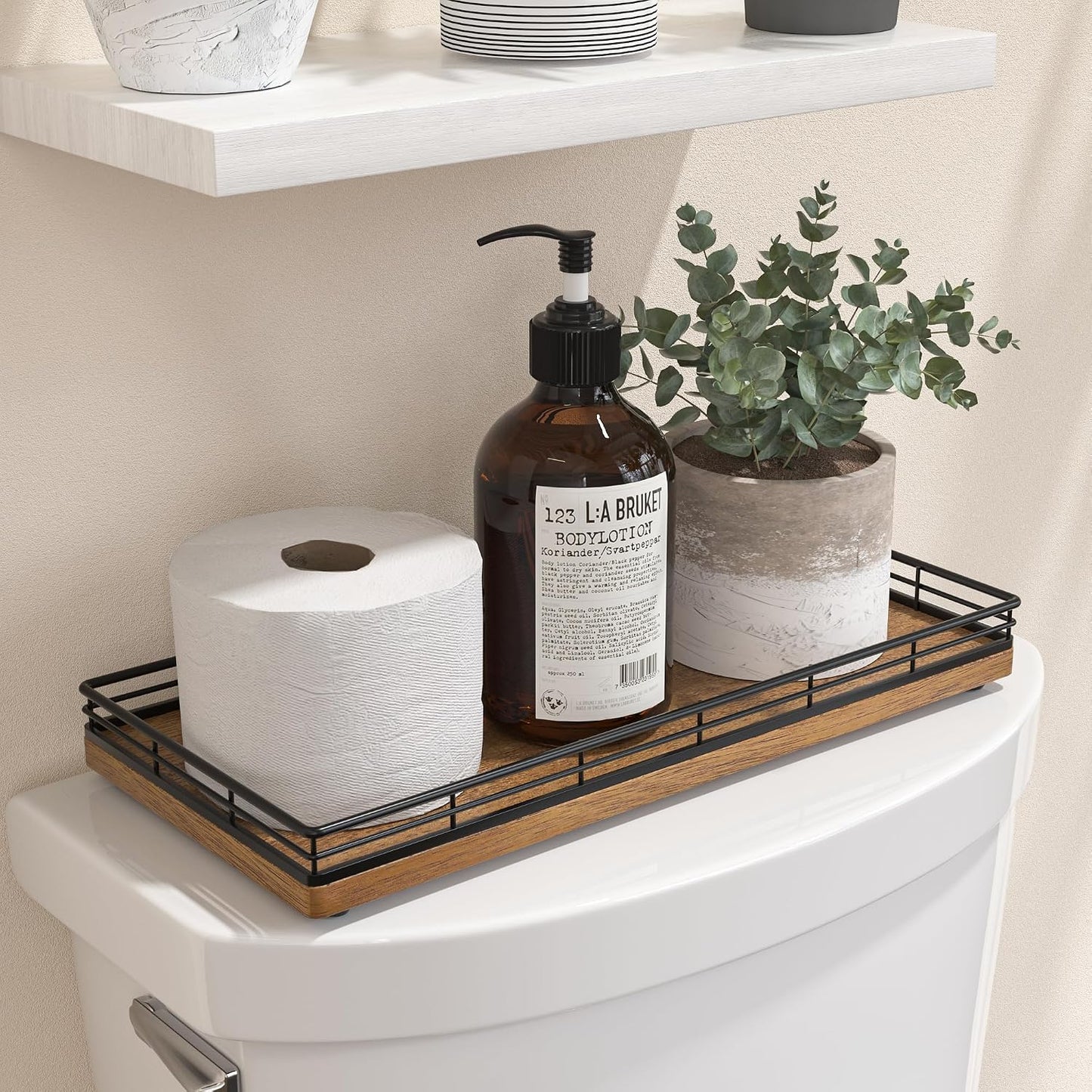 Acacia Bathroom Toilet Tank Tray, 13" Wood Toilet Paper Storage Basket Back of Toilet Basket Organizer, Vanity Tray for Perfume Makeup Candle Kitchen Counter Coffee Table Decor