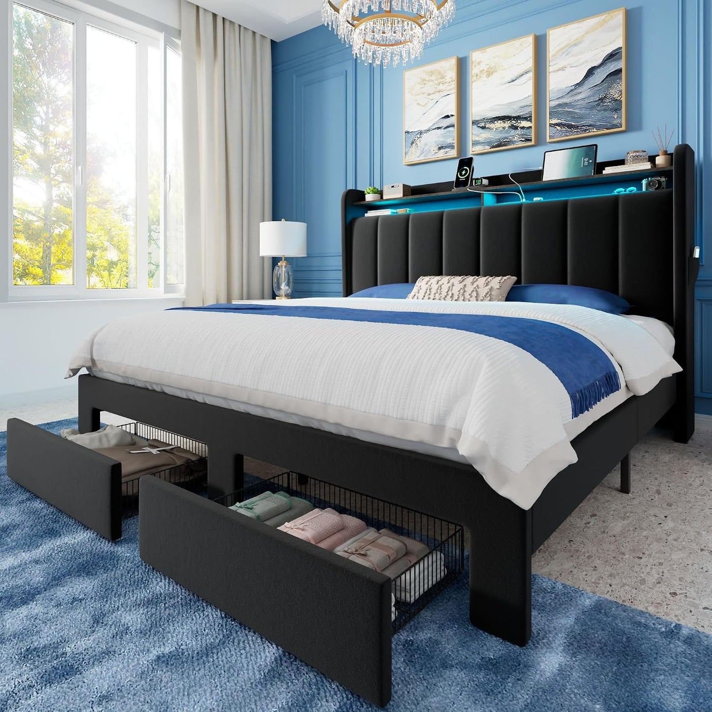 Allewie Queen Bed Frame with 2-Tier Storage Headboard & 2 Large Drawers
