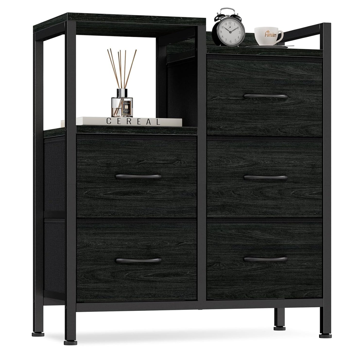 Black Dresser for Bedroom, 5 Drawer Small Fabric Closet Dresser | Small Chest of Drawers, Storage Cabinet Organizer with 2 Tier Shelf, Drawer Units with Metal Frame, Dresser for Dorm, Hallway