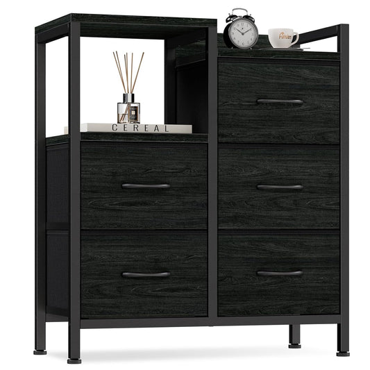 Black Dresser for Bedroom, 5 Drawer Small Fabric Closet Dresser | Small Chest of Drawers, Storage Cabinet Organizer with 2 Tier Shelf, Drawer Units with Metal Frame, Dresser for Dorm, Hallway