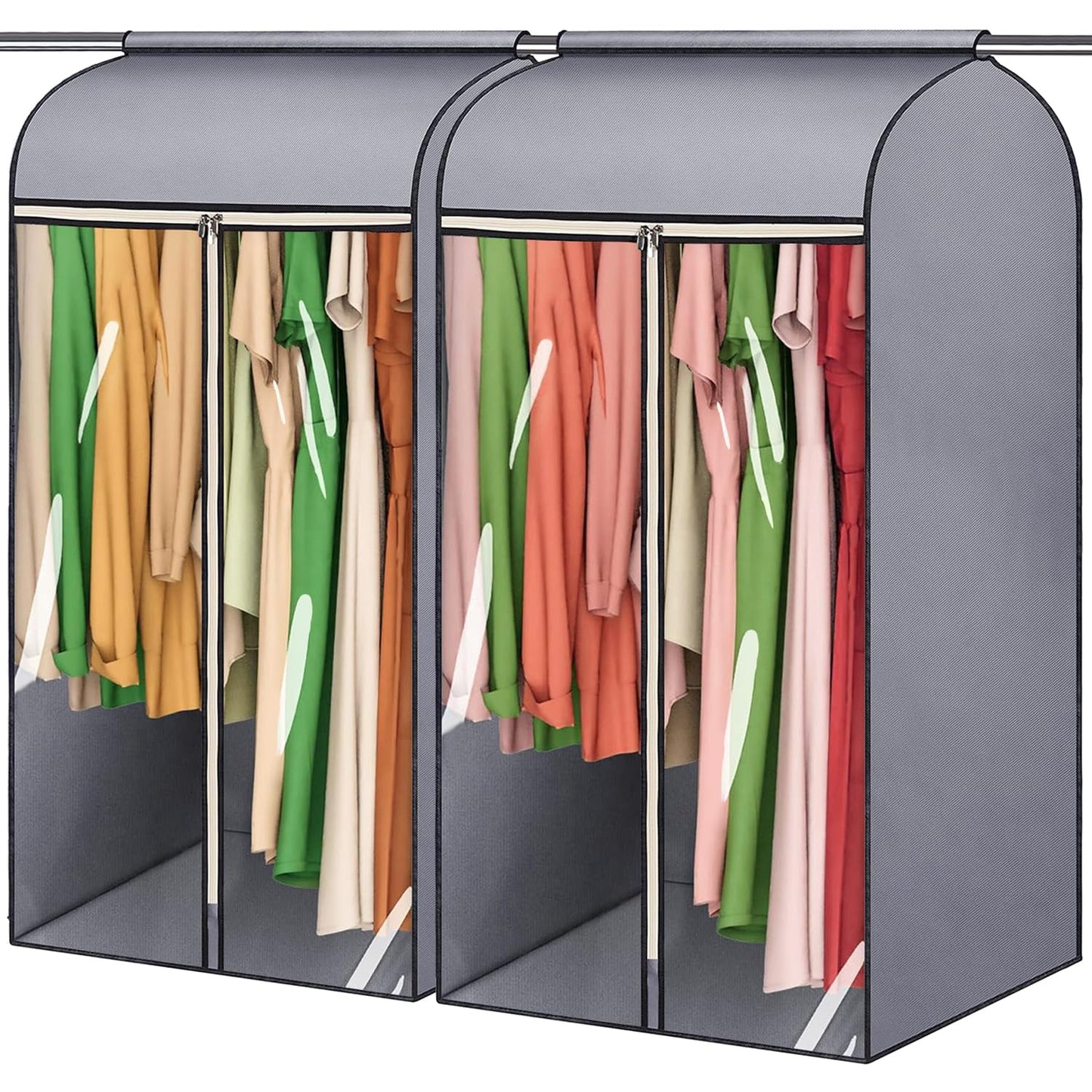 45'' Hanging Garment Bags for Closet Storage Sealed Completely Jackets Coats Suits Clothes Rack Cover for Wardrobe with Clear PVC Window and 3 Zippers Opening