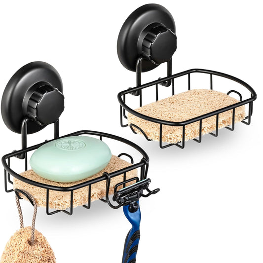 HASKO 2 Pack Suction Cup Soap Dish for Shower Wall, Rustproof Stainless Steel, Shower Soap Holder with Hooks, Includes Optional No Drill Adhesive Mount for Bathroom, 2 Soap Savers, Black