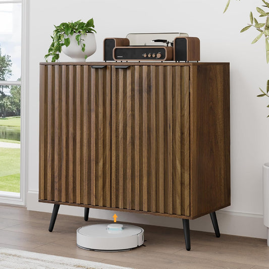 Fluted Sideboard Cabinet, Freestanding Walnut Buff... (Walnut | Engineered Wood)