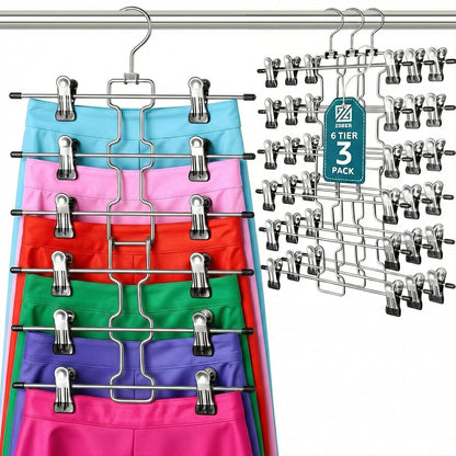 ZOBER 3-Pack 6-Tier Skirt Hangers with Clips - Pants Hangers with Clips Space Saving, Closet Organization, Swivel Hooks, College Dorm Essentials, Skirt Hangers for Women, Jeans Organizer for Closet