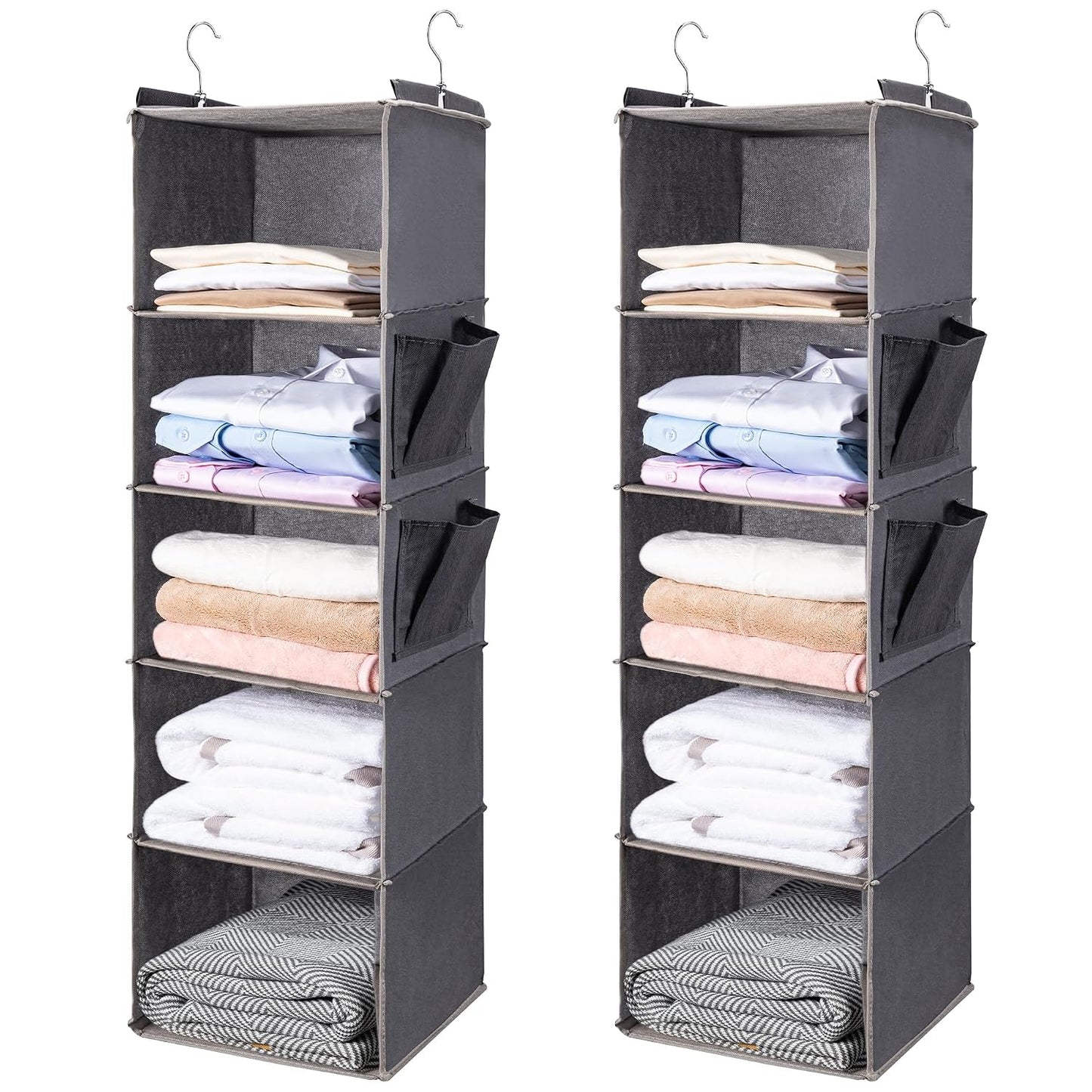 BOOMIBOO Hanging Closet Organize and Shelves,5-Hanging Shelf（2 Pack,Grey） | Dorm Room Essentials, Clothes Organizer with 2 Side Pockets, Hanging Shelves for Closet Storage, Breathable Fabric