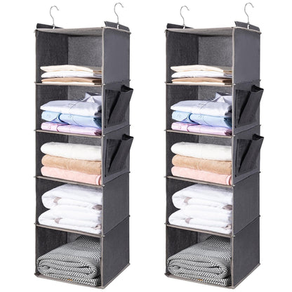 BOOMIBOO Hanging Closet Organize and Shelves,5-Hanging Shelf（2 Pack,Grey） | Dorm Room Essentials, Clothes Organizer with 2 Side Pockets, Hanging Shelves for Closet Storage, Breathable Fabric