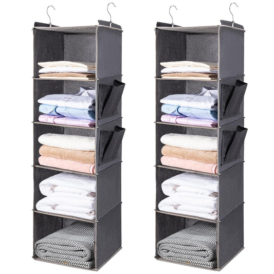 BOOMIBOO Hanging Closet Organize and Shelves,5-Hanging Shelf（2 Pack,Grey） | Dorm Room Essentials, Clothes Organizer with 2 Side Pockets, Hanging Shelves for Closet Storage, Breathable Fabric