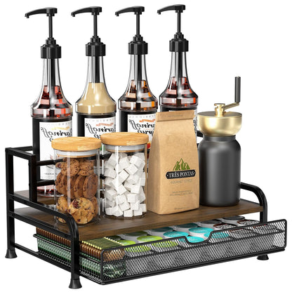 Coffee Syrup Rack Organizer, 3-Tier with 35 K-Cup Pod Holder Drawer | Black Metal Rack for 8 Syrup Bottles,Countertop Bottle Holder Stand for Wine,Space-Saving Design for Kitchen Cafe Station