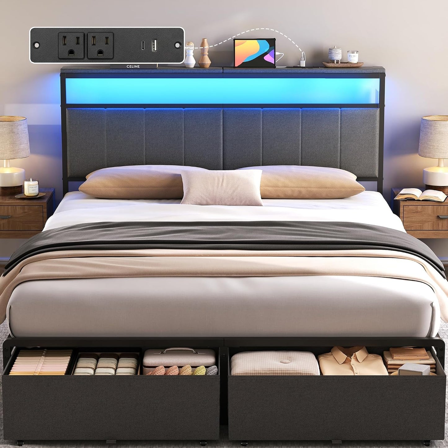 Queen Bed Frame with 2 Storage Drawers, Grey Upholstered