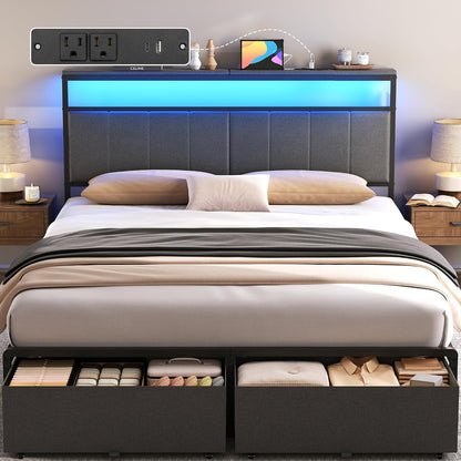 Queen Bed Frame with 2 Storage Drawers, Grey Upholstered