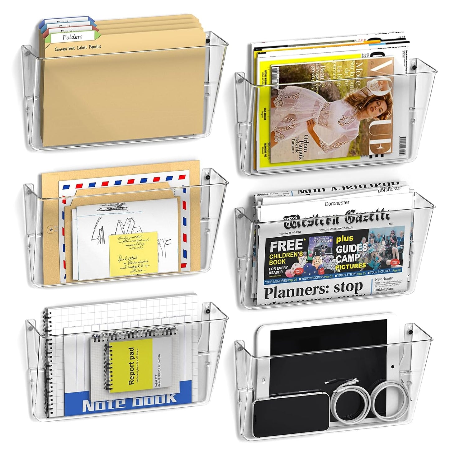 samstar 6 Pack Clear Wall File Holder, Wall Mount Acrylic File Organizer Hanging Wall Pocket Mail Magazines Organizer for Office,Home