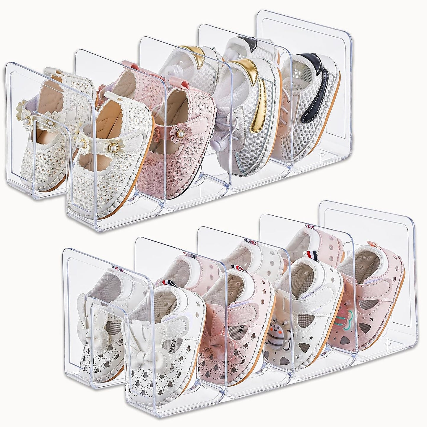 UFORU 2-Pack Acrylic Toddler Shoe Organizer,Baby Kids Shoe Rack Storage | Clear Stackable 4‑Section Shelf Hold Up To Four Pairs Per Rack,Also Organizes Books, Files, Purses And Desk Supplies.