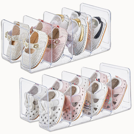 UFORU 2-Pack Acrylic Toddler Shoe Organizer,Baby Kids Shoe Rack Storage | Clear Stackable 4‑Section Shelf Hold Up To Four Pairs Per Rack,Also Organizes Books, Files, Purses And Desk Supplies.