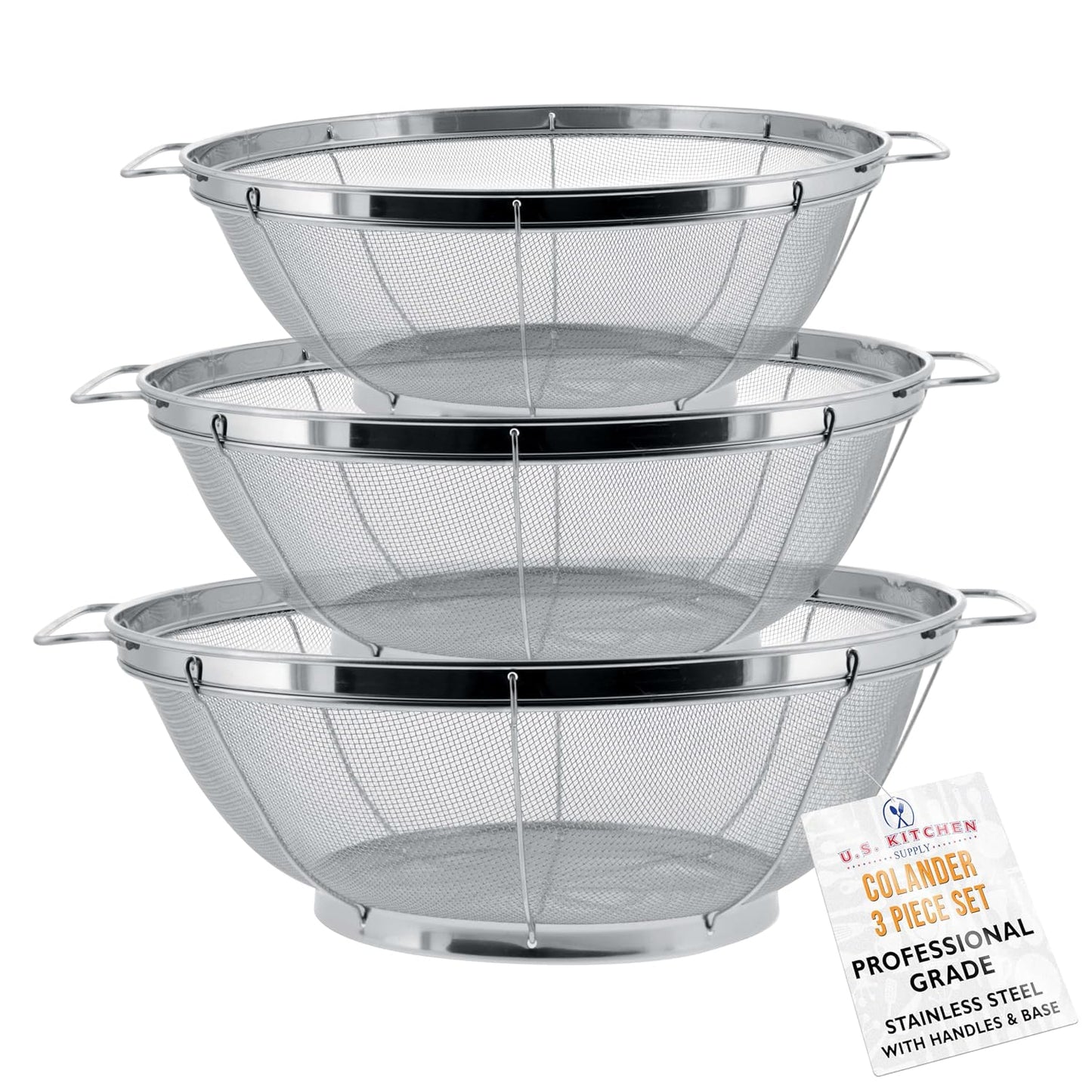 U.S. Kitchen Supply Set of 3 Stainless Steel Colander Strainers Net Baskets 5, 4, & 3-Quart - Colander with Handles & Resting Base - Stainless Steel Sieve, Mesh Strainers and Colanders for Kitchen