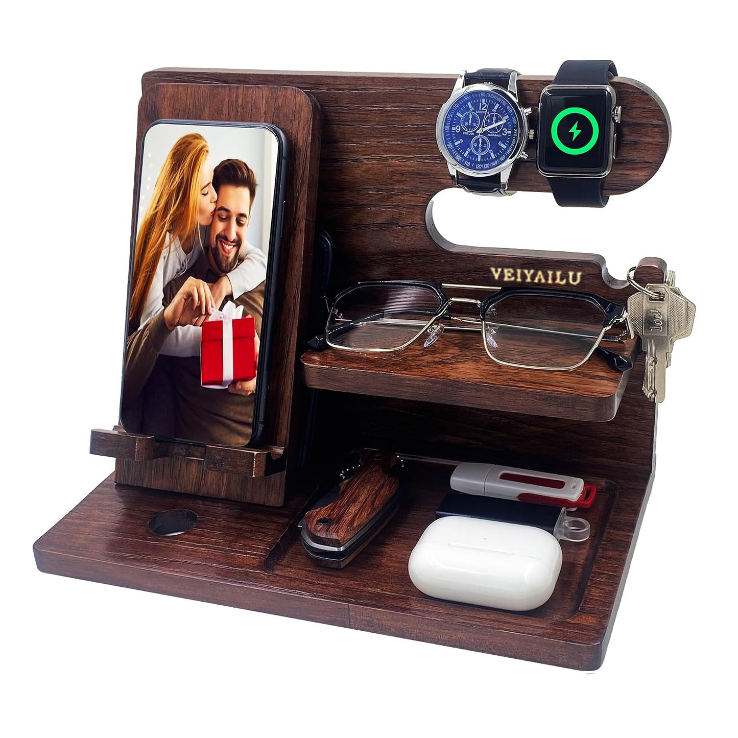 VEIYAILU Gifts for Men Women Brother Boss Boyfriend Him Nightstand Organizer Gifts for Dad from Daughter Son Wood Phone Docking Station (Dark Brown)