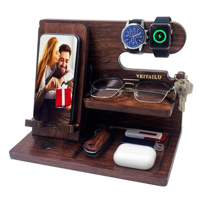 VEIYAILU Gifts for Men Women Brother Boss Boyfriend Him Nightstand Organizer Gifts for Dad from Daughter Son Wood Phone Docking Station (Dark Brown)
