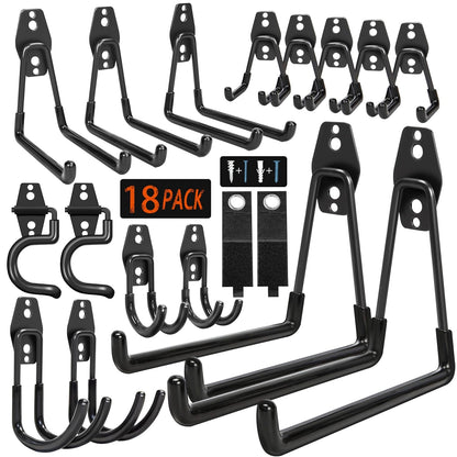 18 Pack Garage Hooks Heavy Duty - Anti-Slip Coating | Garage Storage Hooks for Hanging Bike，Ladder，Garden Tools，Hose