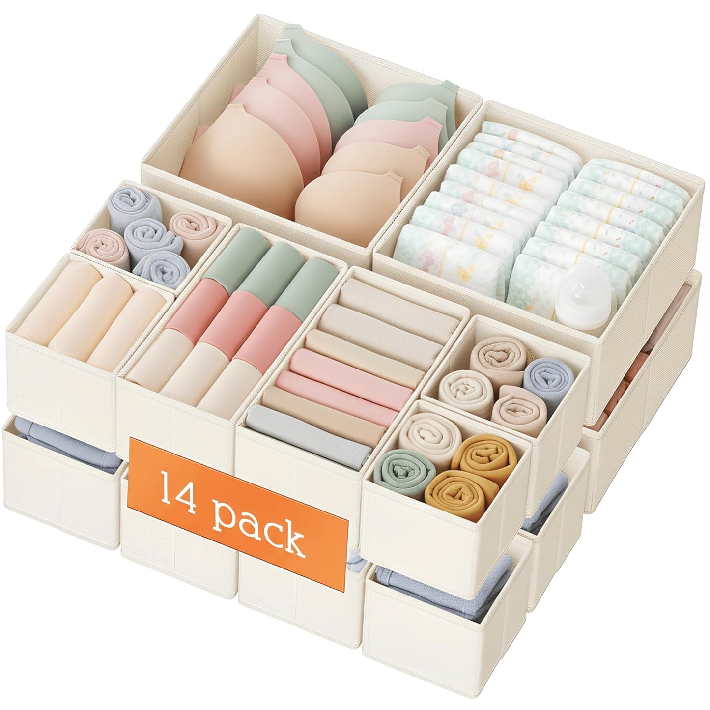 Drawer Organizer Clothes, 14 Pack Dresser Organizer for Baby Clothes, Underwear, Sock- Foldable Closet Organization and Storage Dividers Bins for Nursery, Bedroom and Dorm (Beige)