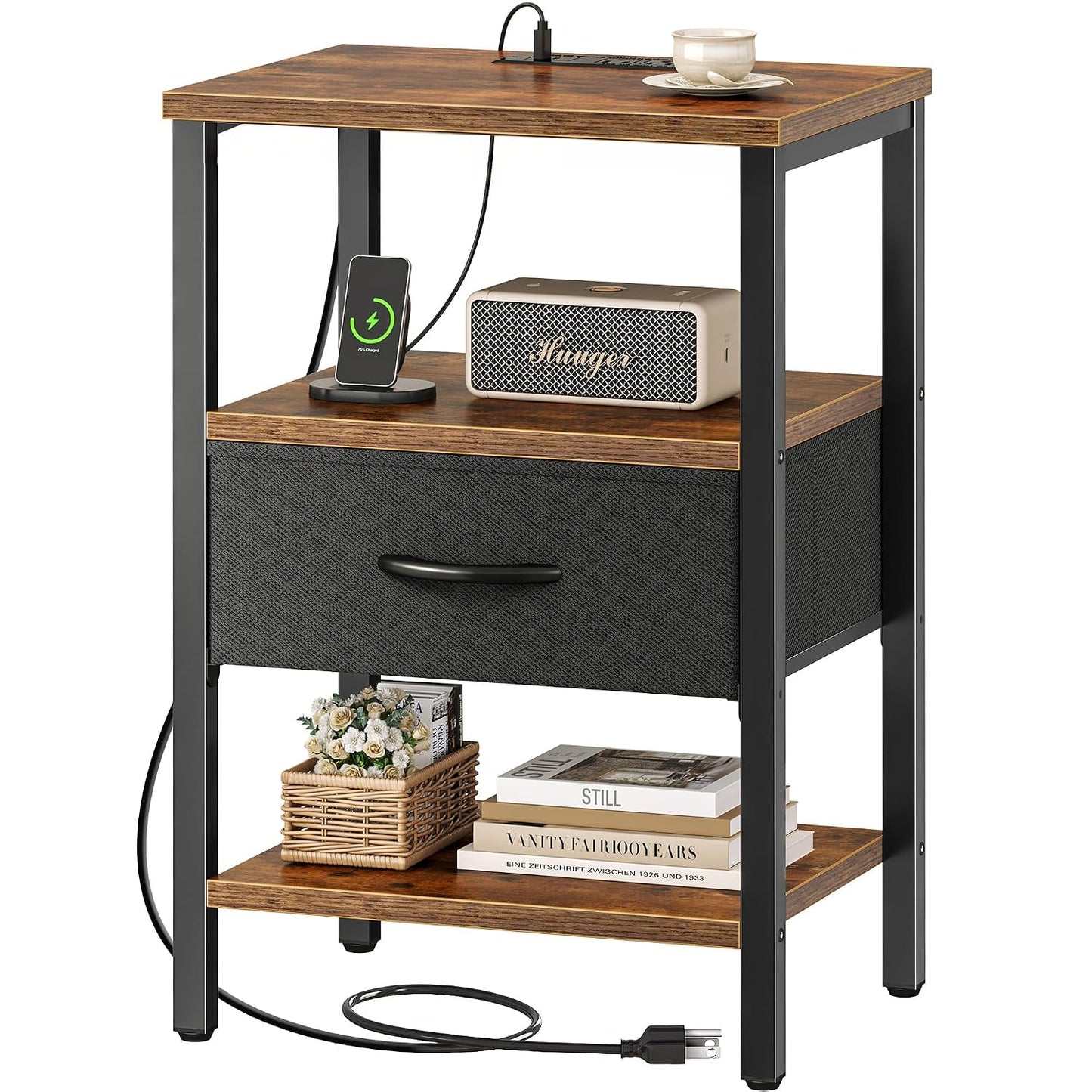 SUPERJARE Nightstand with Charging Station, Bed Side Table with Adjustable Fabric Drawer, Night Stand for Bedroom, 3-Tier Storage End Table, for Living Room, Rustic Brown and Black