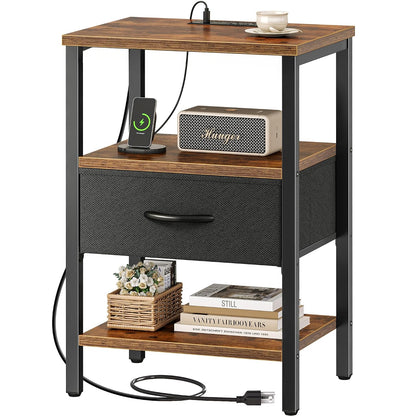 SUPERJARE Nightstand with Charging Station, Bed Side Table with Adjustable Fabric Drawer, Night Stand for Bedroom, 3-Tier Storage End Table, for Living Room, Rustic Brown and Black