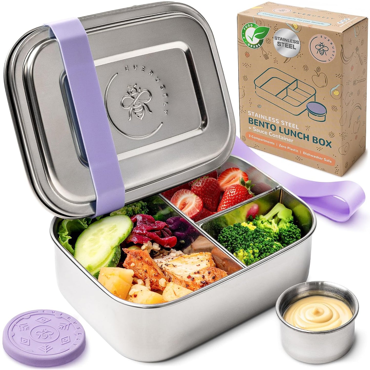 Stainless Steel Bento Box + Condiment Container -... (Lavender)